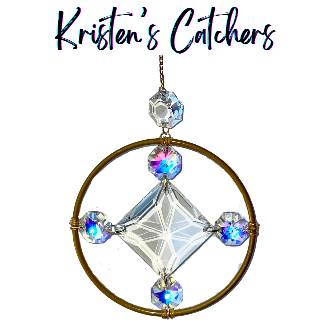 Diamond compass ornamental sun catcher with large square prism and blue A/B crystals in 4-inch golden ring