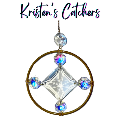 Diamond compass ornamental sun catcher with large square prism and blue A/B crystals in 4-inch golden ring