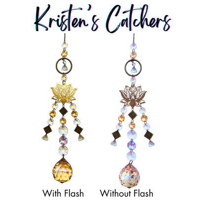Gold multi strand sun catcher with large lotus flower charm and crystal ball