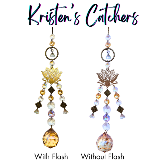 Gold multi strand sun catcher with large lotus flower charm and crystal ball