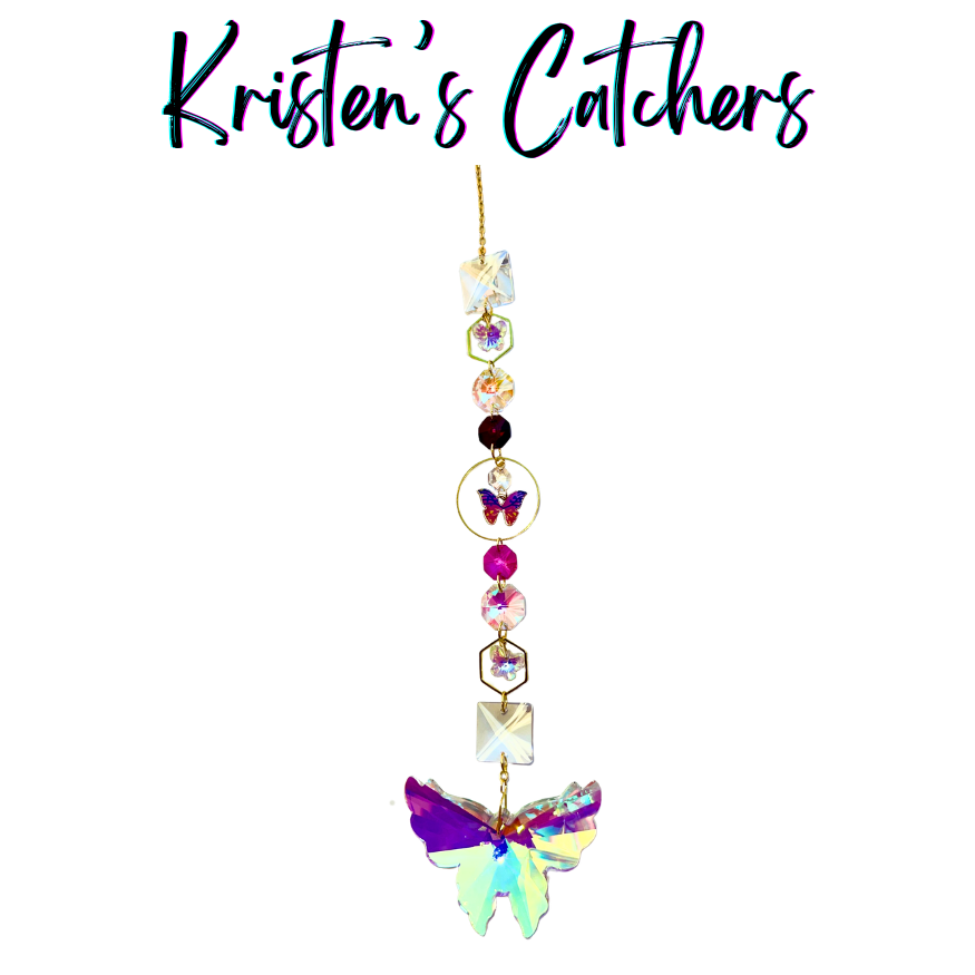 Gold single strand sun catcher with AB crystal butterfly and enamel butterfly charm
