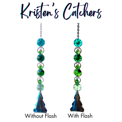 Silver single strand sun catcher with teal to seafoam gradient and crystal tree