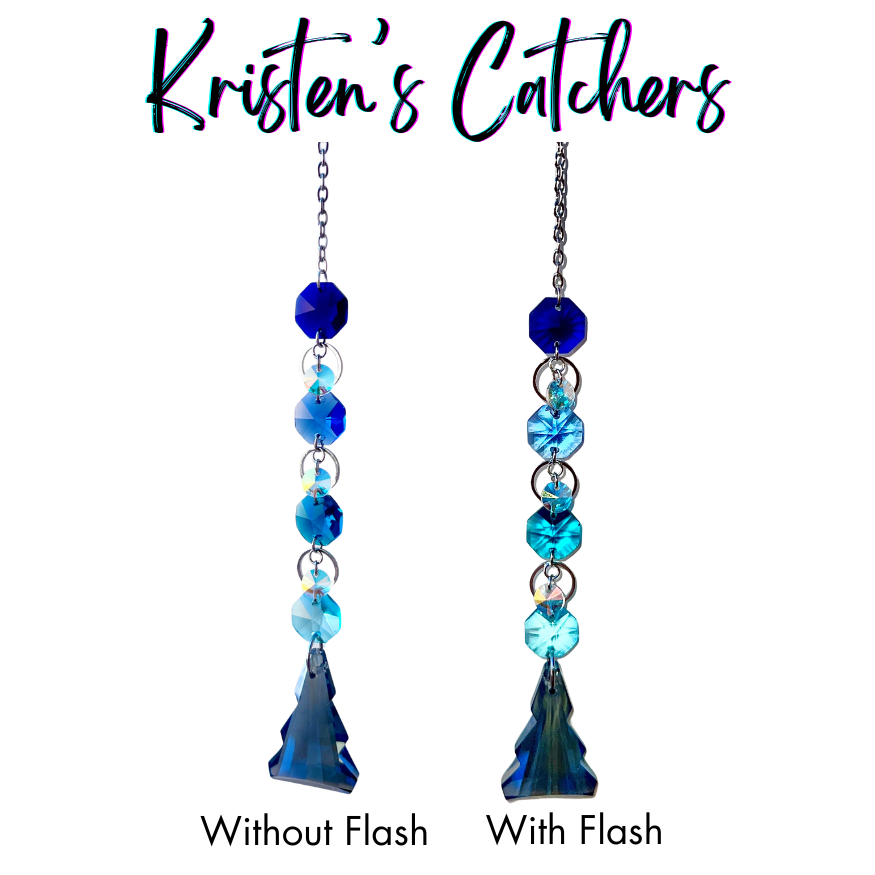 Silver single strand sun catcher with cobalt to aqua gradient and crystal tree