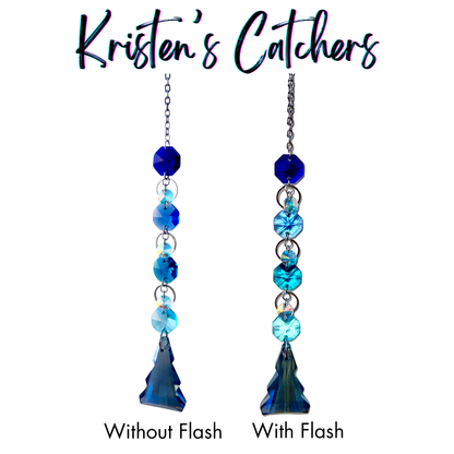 Silver single strand sun catcher with cobalt to aqua gradient and crystal tree