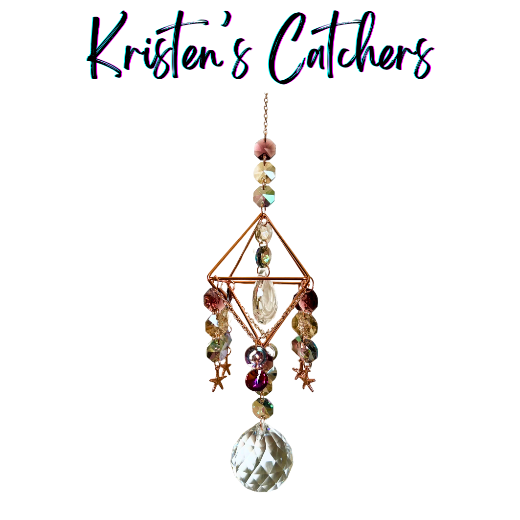 3D rose gold pyramid sun catcher with champagne and wine prisms and starfish charms