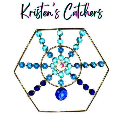 Hexagonal tabletop sun catcher with blue crystal star pattern and pendant