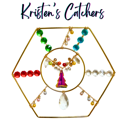 Hexagonal tabletop sun catcher with holiday colors and pearl accents