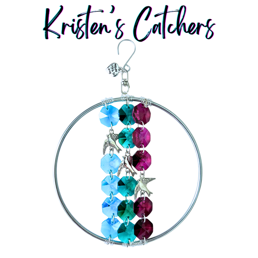 Birds in flight sun catcher with three cascading strands in sky blue, forest green and fuchsia with bird charms