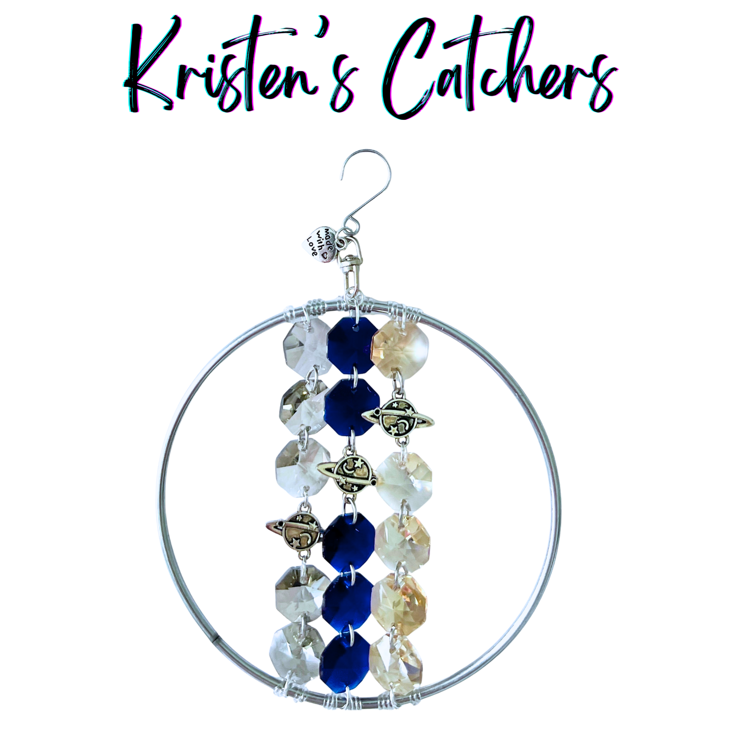 Planetary orbit ornamental sun catcher with 4-inch wire-wrapped ring, Saturn charms and blue champagne crystals in three cascading strands