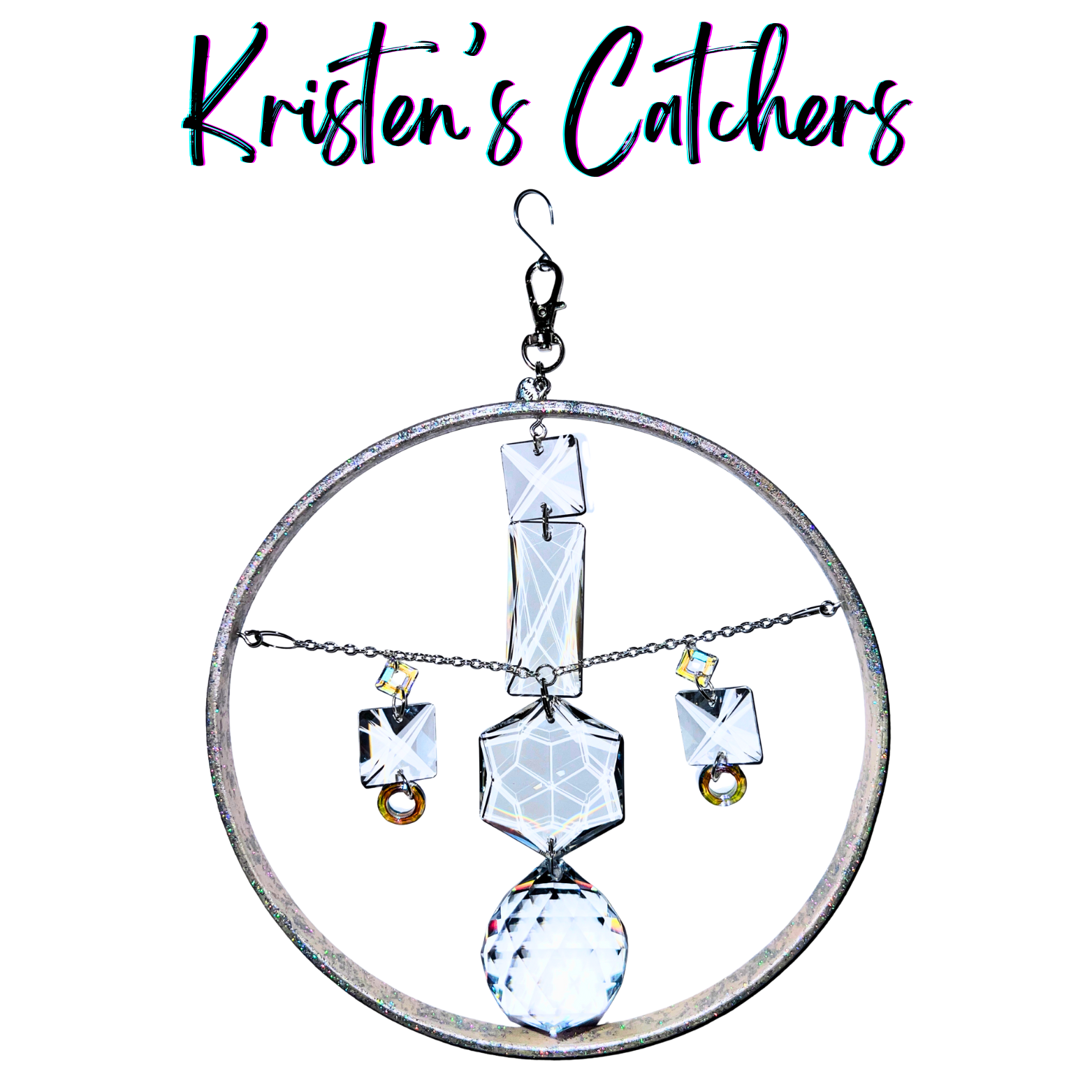 Geometric cascade glitter frame sun catcher with 8-inch iridescent glitter wooden ring and bold geometric prism shapes