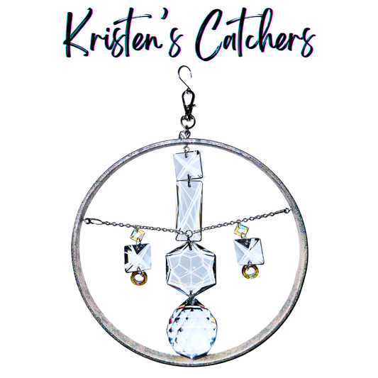 Geometric cascade glitter frame sun catcher with 8-inch iridescent glitter wooden ring and bold geometric prism shapes