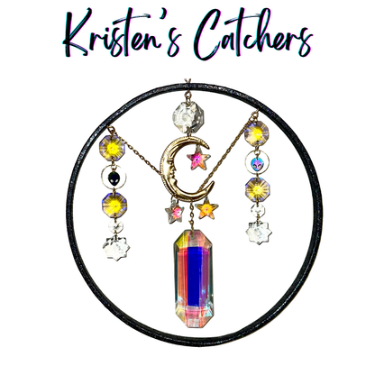 Cosmic moon and stars glitter frame sun catcher with 8-inch black glitter ring, crescent moon, stars, alien charm and rainbow prism