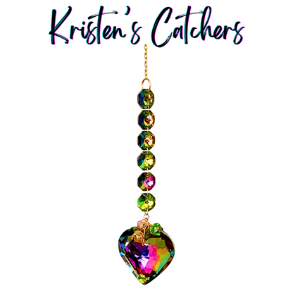 Viridian heart sparkle catcher with metallic-backed heart crystal shifting maroon to lime green with matching octagon crystals