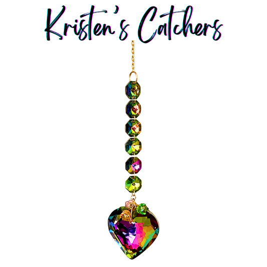 Viridian heart sparkle catcher with metallic-backed heart crystal shifting maroon to lime green with matching octagon crystals