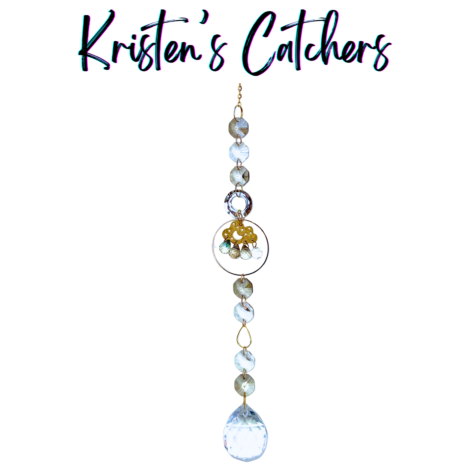 Monsoon downpour sun catcher with golden cloud charm, champagne and clear cascading crystals and large faceted ball prism