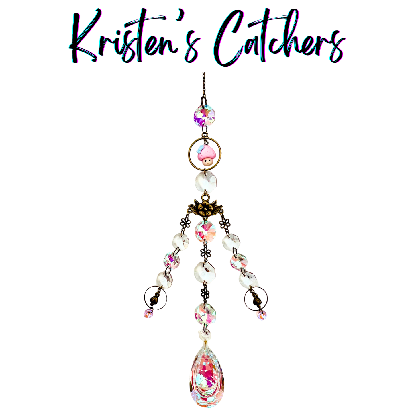 Whimsical mushroom bronze sun catcher with pink mushroom charm, pink A/B crystals, flower connectors and three-strand cascade with teardrop prism