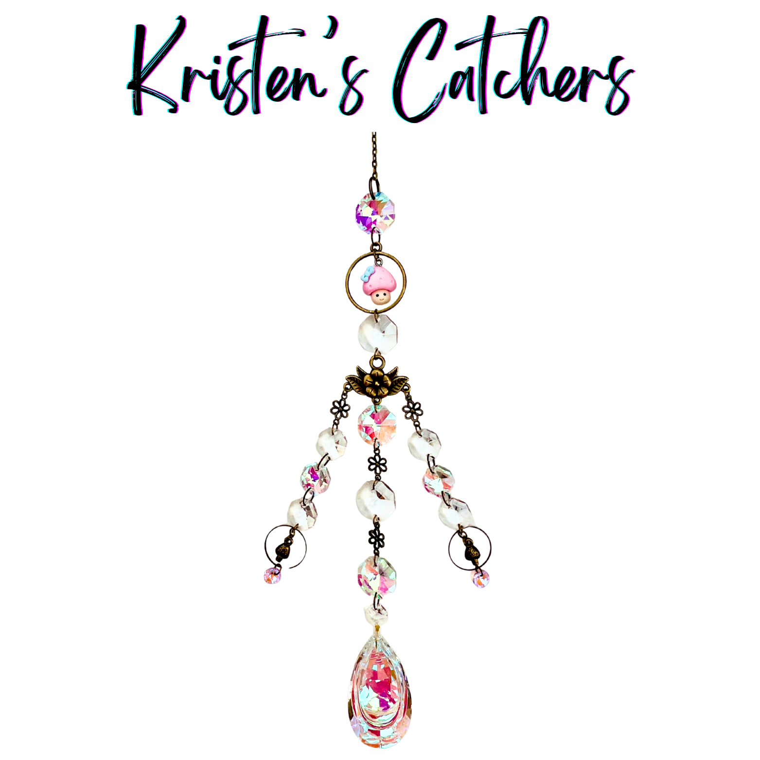 Whimsical mushroom bronze sun catcher with pink mushroom charm, pink A/B crystals, flower connectors and three-strand cascade with teardrop prism