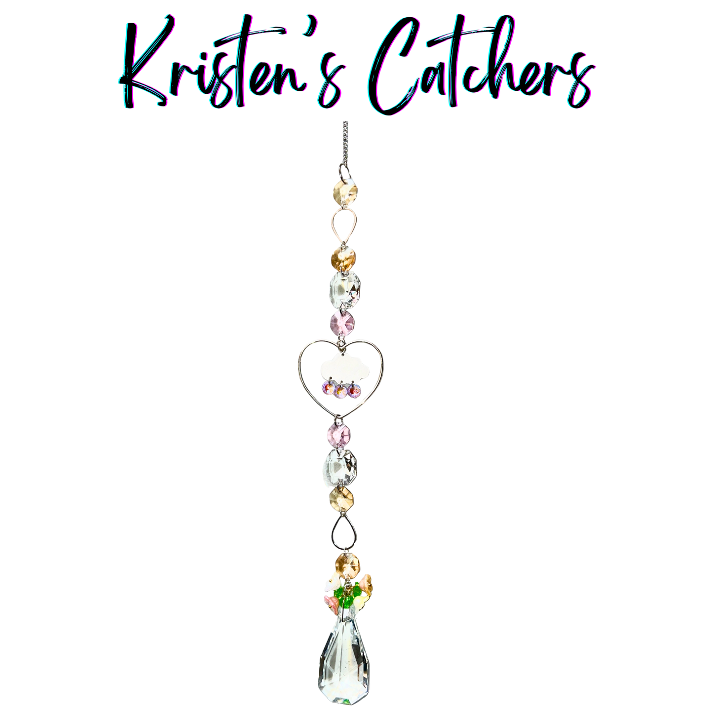 Love storm heart sun catcher with heart frame, white cloud charm with pink raindrops, champagne and pink crystals with geometric prism