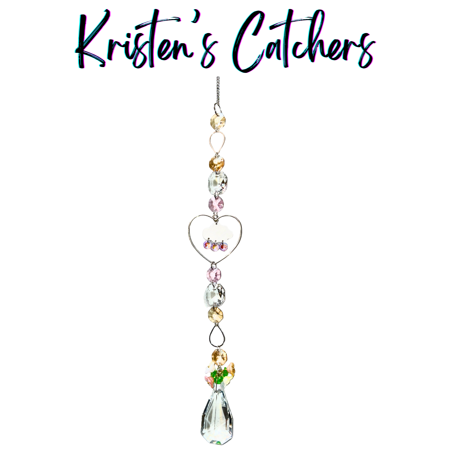 Love storm heart sun catcher with heart frame, white cloud charm with pink raindrops, champagne and pink crystals with geometric prism