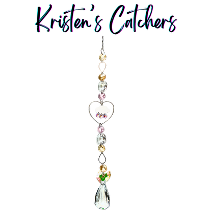 Love storm heart sun catcher with heart frame, white cloud charm with pink raindrops, champagne and pink crystals with geometric prism
