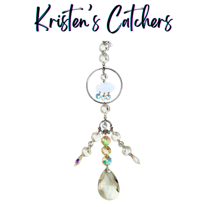 Electric storm sun catcher with white cloud, A/B iridescent raindrops, three-strand cascade and large etched lightning prism