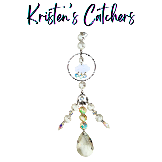 Electric storm sun catcher with white cloud, A/B iridescent raindrops, three-strand cascade and large etched lightning prism