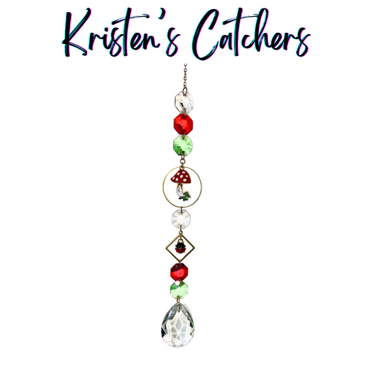 Handmade mushroom magic crystal sun catcher with mushroom charms, earthy toned beads, and iridescent teardrop pendant Las Vegas
