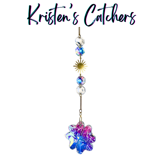 Handmade twilight bloom crystal sun catcher with floral charms, purple and blue gradient beads, and iridescent teardrop pendant Las Vegas
