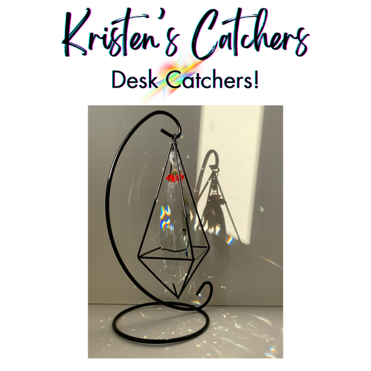 Handmade crystal prism desk sun catcher with multi-faceted prism drops, clear crystals, and gold tabletop display stand Las Vegas