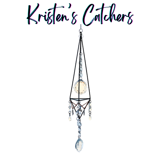 Handmade moonlit prism crystal sun catcher with moon charm, silver and white beads, and faceted prism pendant drop Las Vegas