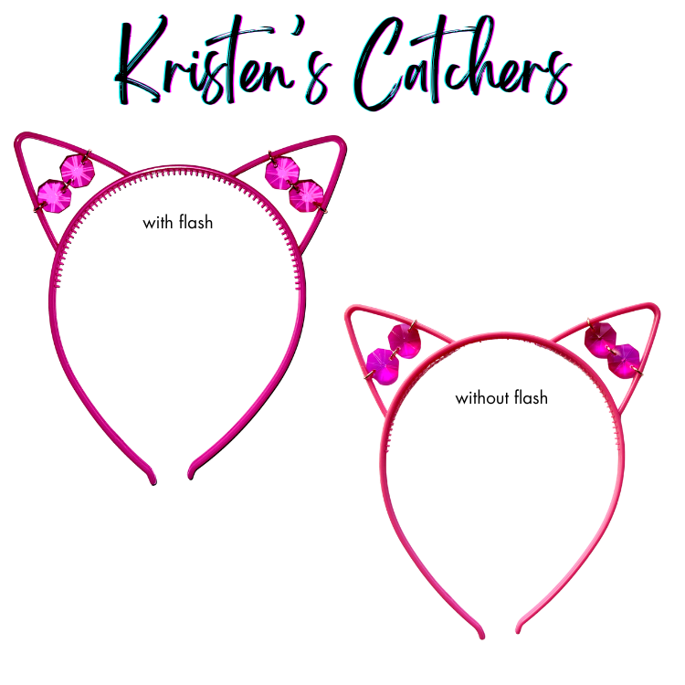 Magenta faceted glass crystal cat ear headband sun catcher shown with and without flash photography