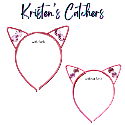 Salmon pink faceted glass crystal cat ear headband sun catcher shown with and without flash photography