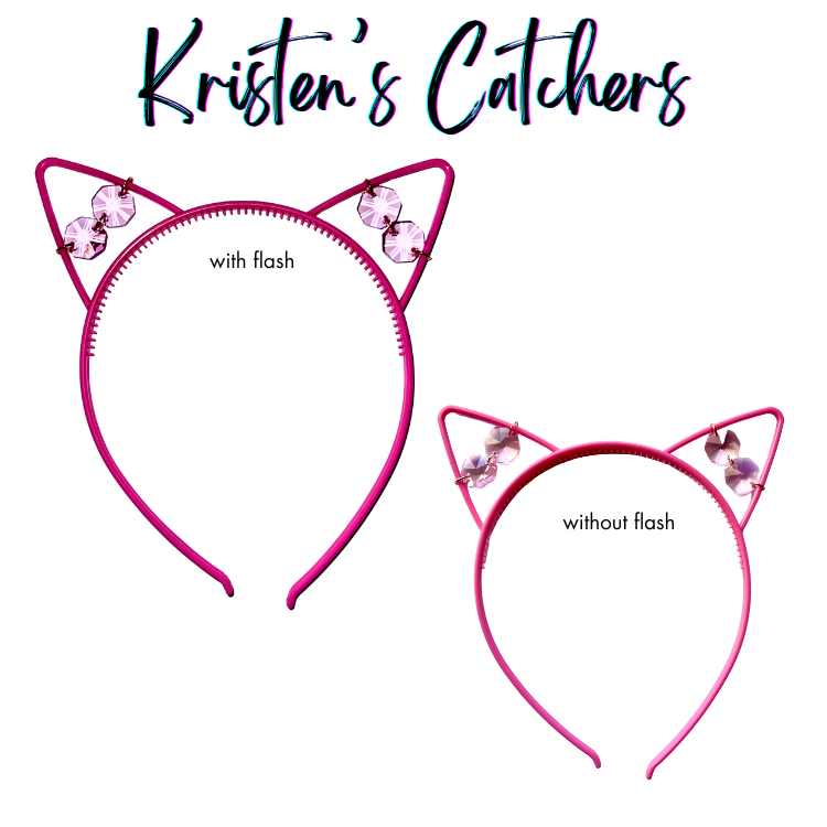 Bubblegum pink faceted glass crystal cat ear headband sun catcher shown with and without flash photography