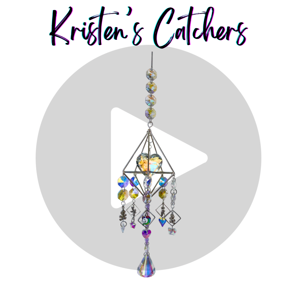 Geometric Glitz sun catcher with clear and colorful crystals in a geometric frame. 