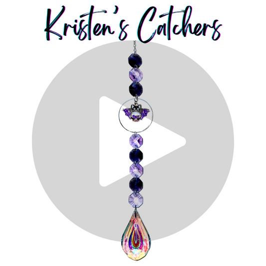 dark purple and light purple crystals with bat kitty hybrid pendant single strand sun catcher