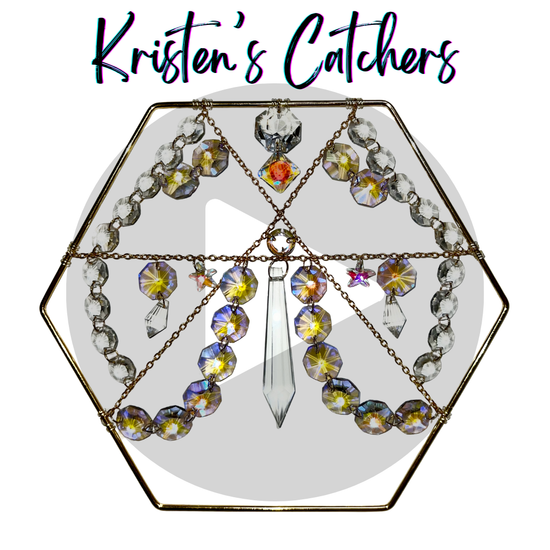 Golden table tap hexagon sun catcher with purple/blue  and yellow crystals in a magical formation