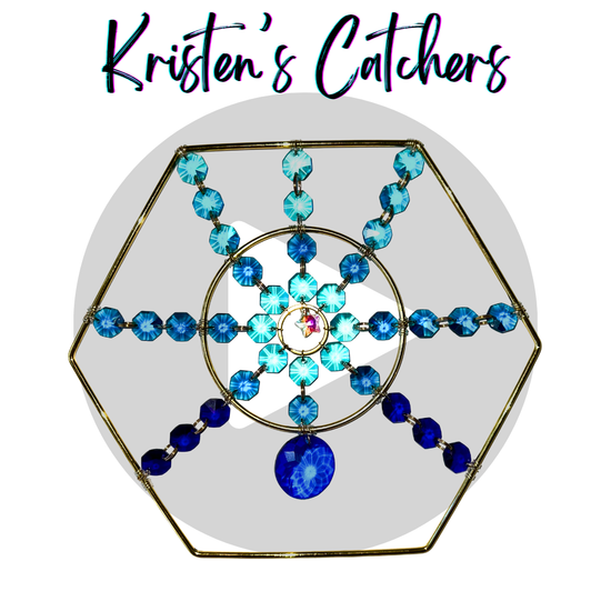 Various shades of blue crystals with an a/b star in the center, table top suncatcher