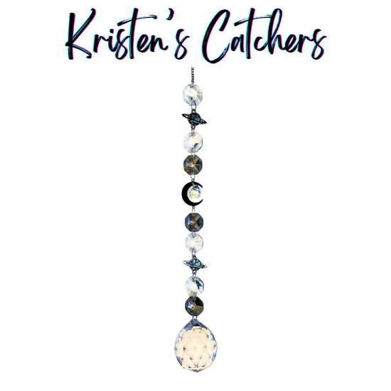 Midnight Galaxy sun catcher with clear and gray crystals, star and moon charms